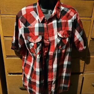 Men's Red and Black Plaid Button Down Shirt